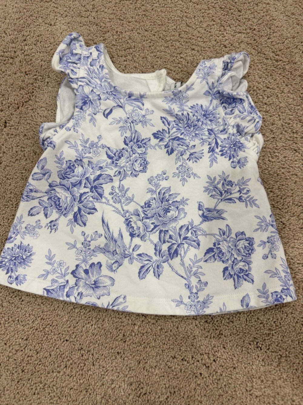Janie and Jack White Top with Blue Floral Print and Ruffle Sleeves